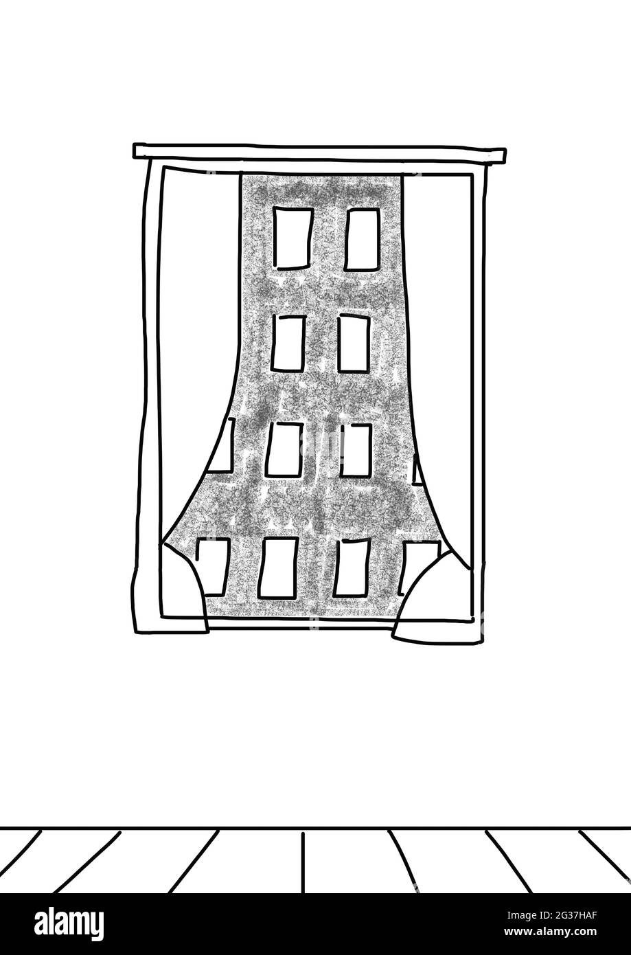 Naive Illustration, Kinderzeichnung, Blick von einem Fenster in eine graue Hausfassade Stockfoto