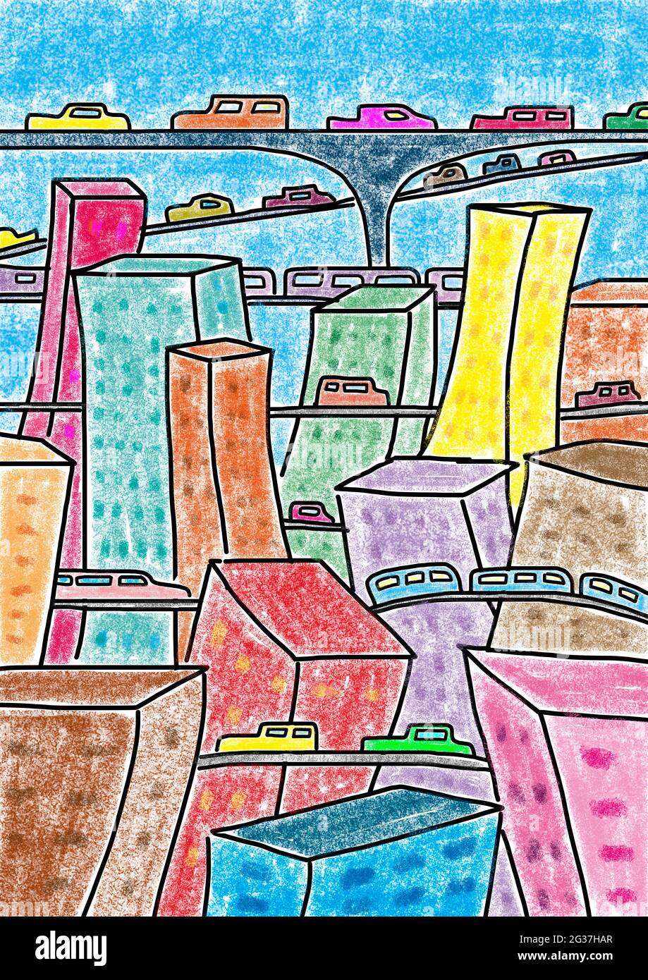 Naive Illustration, Kinderzeichnung, Blick auf die Stadt mit Wolkenkratzer und verschiedenen Verkehrsmitteln Stockfoto