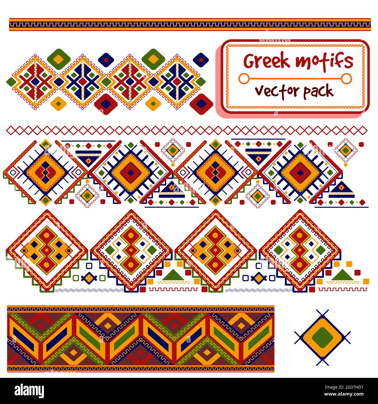 Vector Pack mit traditionellen Motiven aus Griechenland und Kreta. Nahtlose südeuropäische Muster und Titelgrenzen. Mediterrane und skandinavische c Stock Vektor