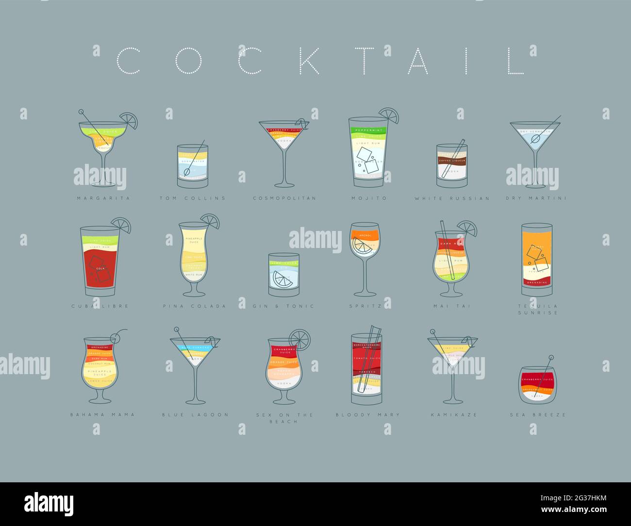 Poster flaches Cocktailmenü mit Glas, Rezepten und Namen von Cocktails Drinks, die auf graublauem Hintergrund horisontal zeichnen Stock Vektor