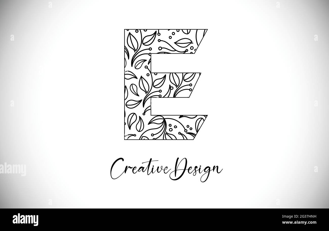 Elegantes Buchstabe E Logo aus Blumen mit Leafs und floraler Mustertextur in Monoline Creative Vector Illustration Design Logo Stock Vektor