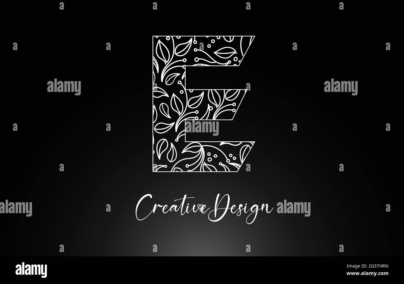 Elegantes Buchstabe E Logo aus Blumen mit Leafs und floraler Mustertextur in Monoline Creative Vector Illustration Design Logo Stock Vektor