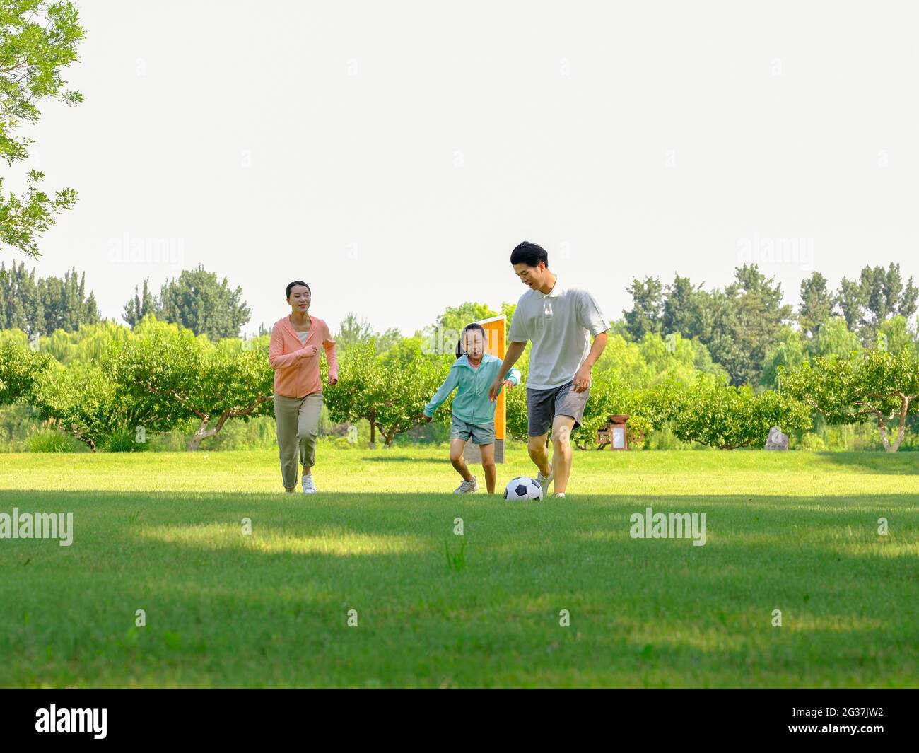 Glückliche Familie von drei Fußball spielen im Park hochwertige Foto Stockfoto