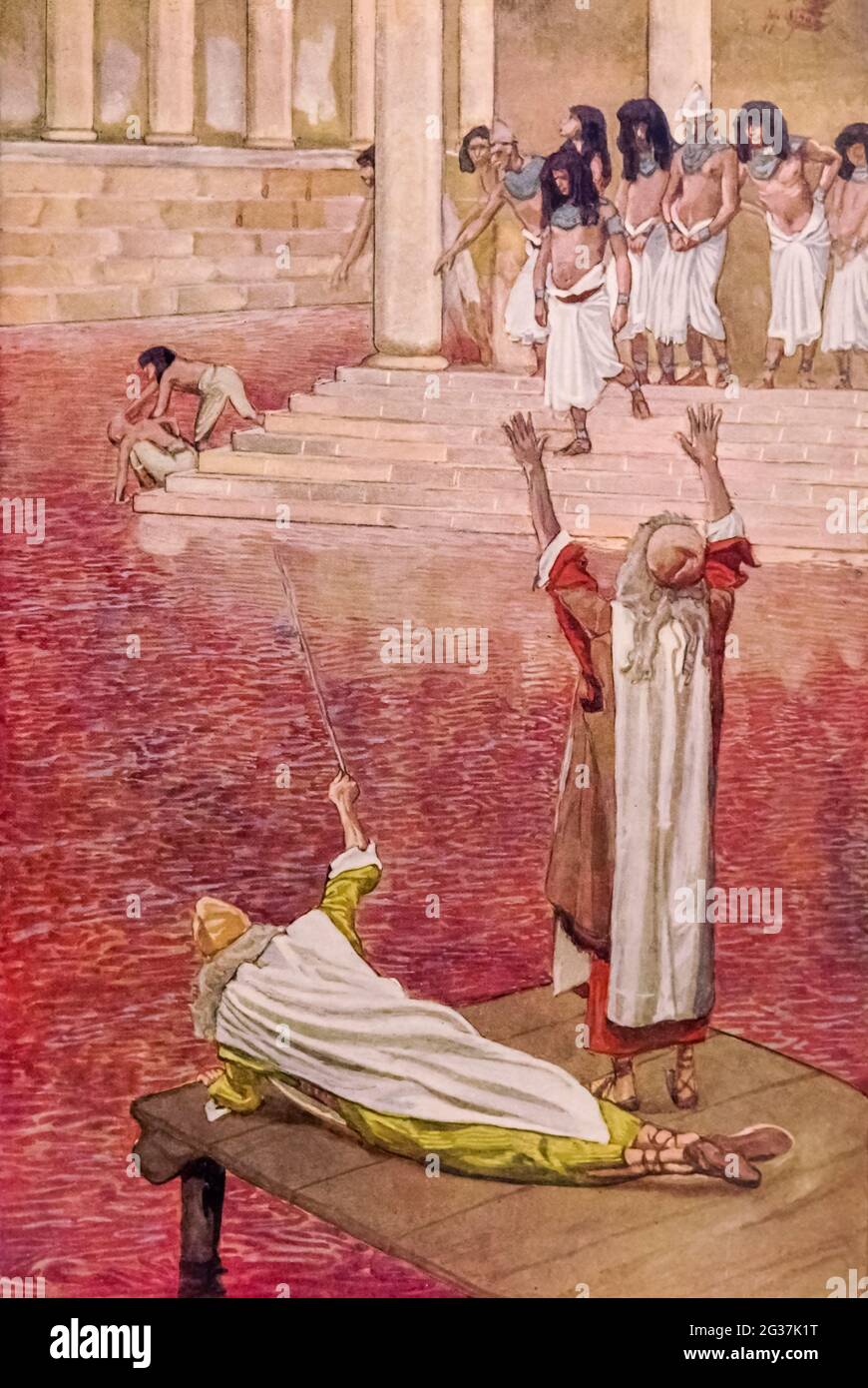 WASSER WIRD IN BLUT UMGEWANDELT. Bsp. vii. 20. „und alle Wasser, die im Strom waren, wurden in Blut verwandelt“ aus dem Buch „das Alte Testament: Dreihundertsechsundneunzig Kompositionen zur Illustration des ersten Teils des Alten Testaments von J. James Tissot 1904 von M. de Brunoff in Paris, London und New York veröffentlicht Stockfoto