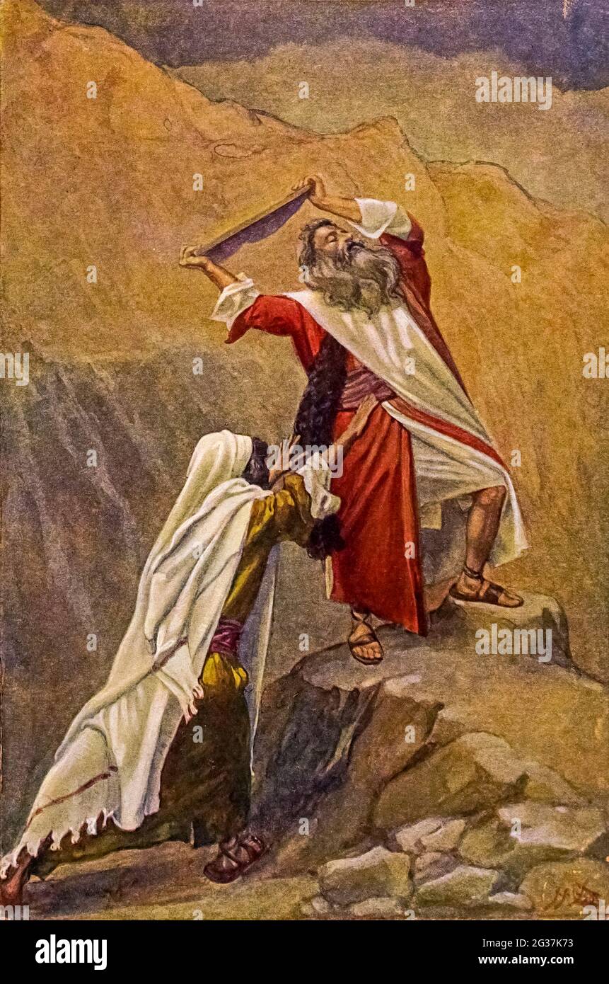 MOSE ZERSTÖRT DIE TAFELN DER ZEHN GEBOTE. Beispiel: Xxxii. 19. Und er warf die Tafeln aus seinen Händen und zerbrach sie unter dem Mund aus dem Buch „das Alte Testament“: Dreihundertsechsundneunzig Kompositionen zur Illustration des ersten Teils des Alten Testaments von J. James Tissot 1904 von M. de Brunoff in Paris, London und New York veröffentlicht Stockfoto