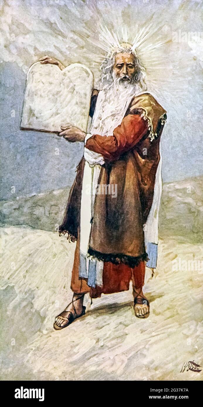MOSE UND DIE ZEHN GEBOTE. Beispiel: Xxxiv. 30. Und als Aaron und alle Kinder Israel Mose sahen, siehe, da glänzte die Haut seines Angesichts. Aus dem Buch "das Alte Testament: Dreihundertsechsundneunzig Kompositionen, die das Alte Testament illustrieren" Teil I von J. James Tissot Veröffentlicht von M. de Brunoff in Paris, London und New York im Jahr 1904 Stockfoto