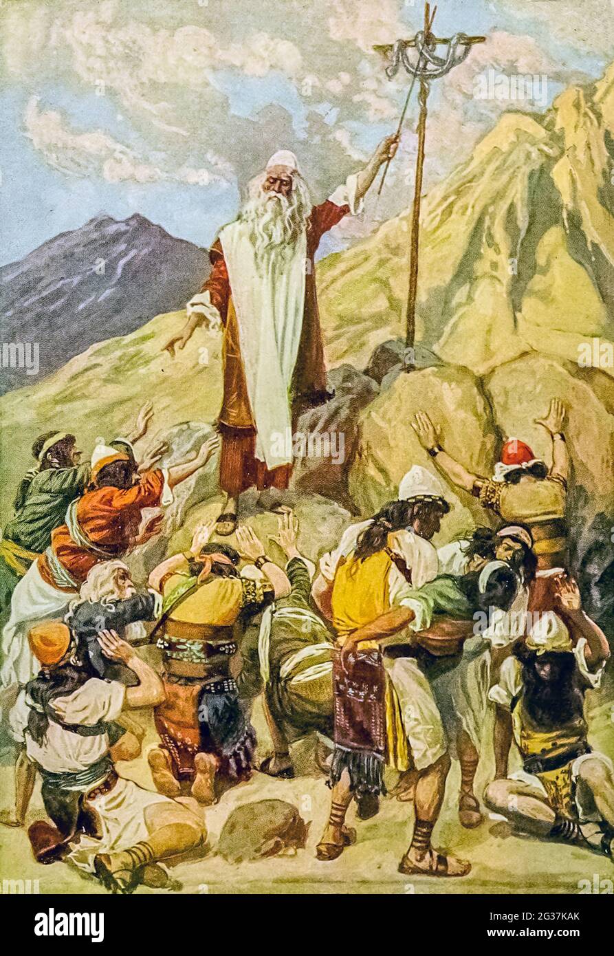 DIE DREISTE SCHLANGE. Anz. xxi. 9. Und Mose machte eine eherne Schlange und setzte sie auf einen Pfosten, und es geschah, wenn eine Schlange einen Menschen gebissen hatte, als er die eherne Schlange sah, so lebte er am Leben. Aus dem Buch "das Alte Testament: Dreihundertsechsundneunzig Kompositionen, die das Alte Testament illustrieren" Teil I von J. James Tissot Veröffentlicht von M. de Brunoff in Paris, London und New York im Jahr 1904 Stockfoto