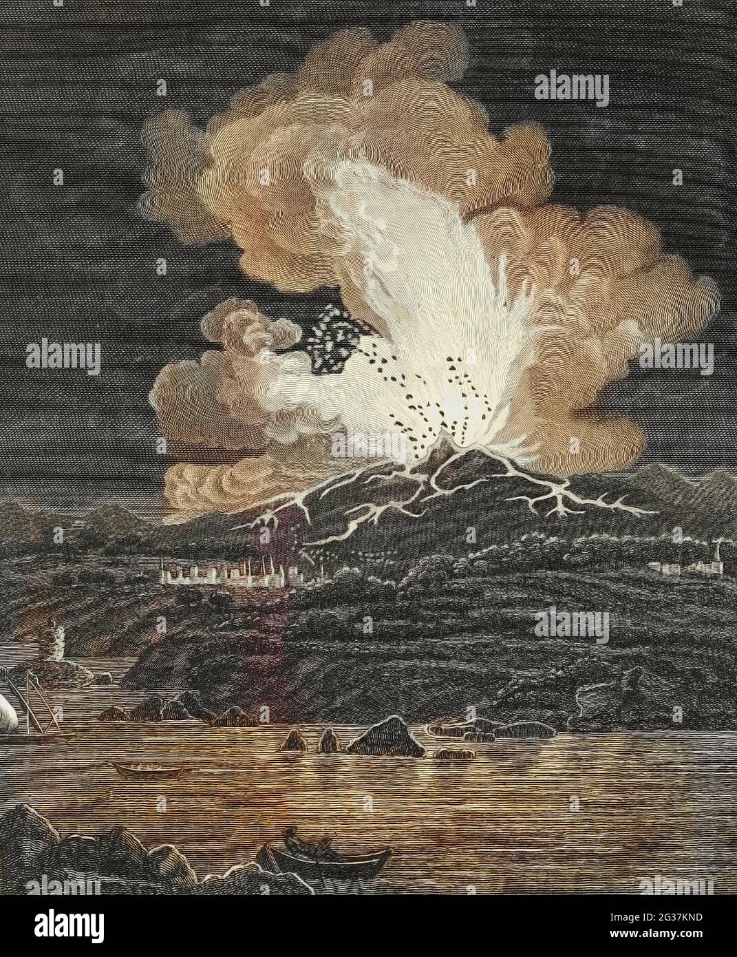 Maschinell coloriertes (KI) Ausbruch des Ätna im Juli 1787 Kupferstich aus der Encyclopedia Londinensis oder, Universal Dictionary of Arts, Sciences, and literature; Band VII; herausgegeben von Wilkes, John. Veröffentlicht 1810 in London Stockfoto