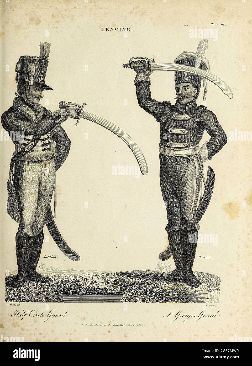 Halb Circle Guard (links) St. George's Guard (rechts) Kupferstich aus der Encyclopedia Londinensis OR, Universal Dictionary of Arts, Sciences, and literature; Band VII; herausgegeben von Wilkes, John. Veröffentlicht 1810 in London Stockfoto
