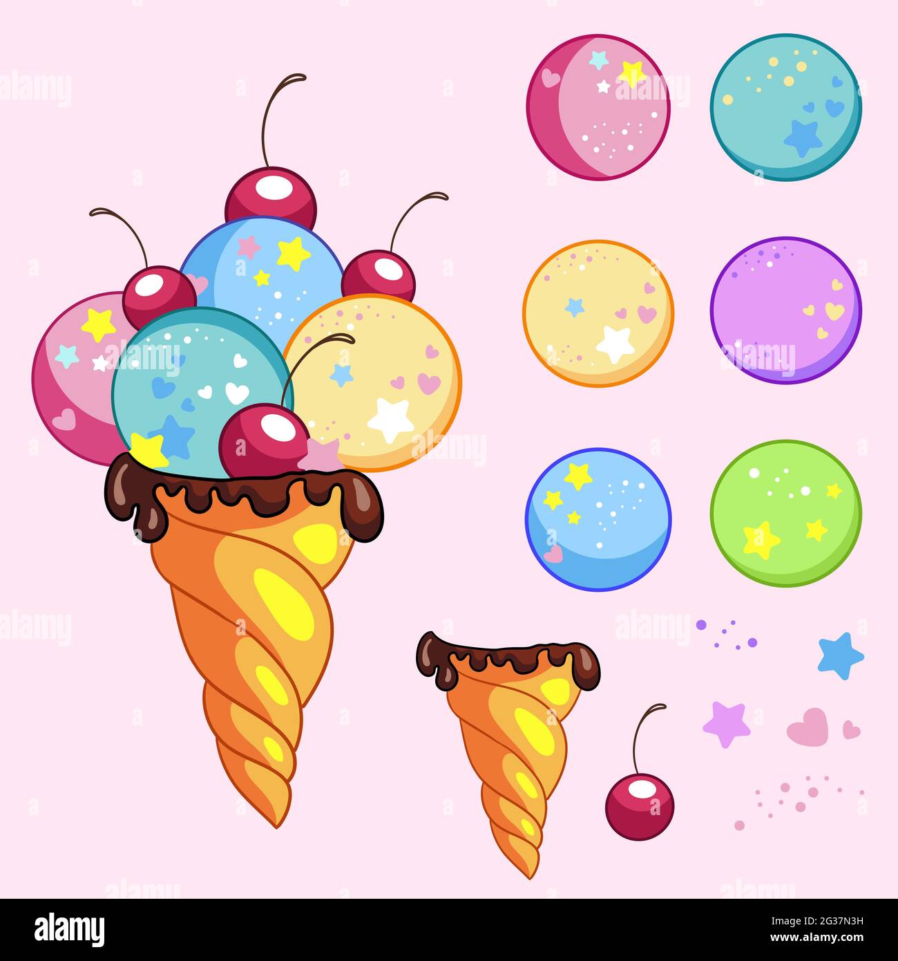 Das süße leckere Eis-Konus-Creator-Set umfasst Waffelkegel, Eiskugeln, Kirsche, Konfetti. Vektorgrafik Cartoon isolierte Illustration. Für Spiel, Druck, Stock Vektor