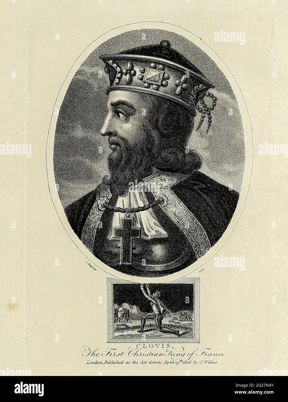 Clovis, der erste christliche König von Frankreich Kupferstich aus der Encyclopaedia Londinensis OR, Universelles Wörterbuch der Künste, Wissenschaften und Literatur; Band VII; herausgegeben von Wilkes, John. Veröffentlicht 1810 in London Stockfoto