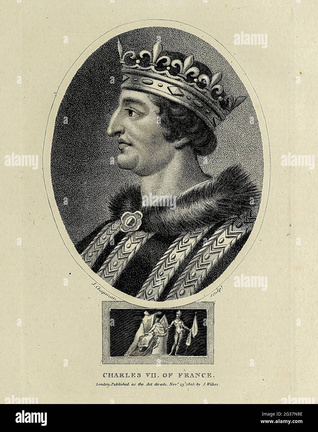 Karl VII. Von Frankreich (22. Februar 1403 – 22. Juli 1461), der Sieger (französisch: le Victorieux) oder der wohlgediente (französisch: le Bien-Servi) genannt wurde, war von 1422 bis zu seinem Tod im Jahr 1461 König von Frankreich. Kupferstich aus der Encyclopaedia Londinensis oder, Universelles Wörterbuch der Künste, Wissenschaften und Literatur; Band VII; herausgegeben von Wilkes, John. Veröffentlicht 1810 in London Stockfoto