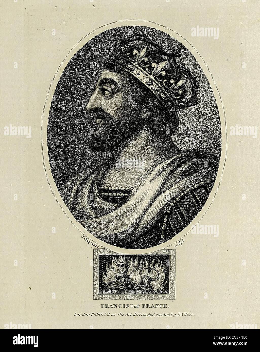 Franz I. von Frankreich Kupferstich aus der Encyclopaedia Londinensis OR, Universelles Wörterbuch der Künste, Wissenschaften und Literatur; Band VII; herausgegeben von Wilkes, John. Veröffentlicht 1810 in London Stockfoto