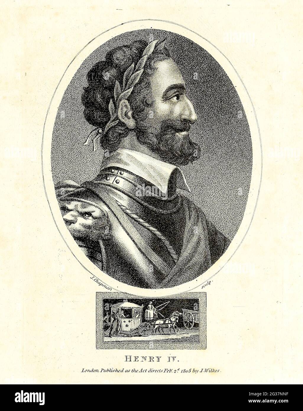 Heinrich IV. Von Frankreich Heinrich IV. (Französisch: Heinrich IV.; 13. Dezember 1553 – 14. Mai 1610), auch bekannt unter dem Beinamen guter König Heinrich oder Heinrich der große, war von 1572 König von Navarra (als Heinrich III.) und von 1589 bis 1610 König von Frankreich. Er war der erste Monarch Frankreichs aus dem Haus Bourbon, einem Kadettenzweig der Capetian-Dynastie. Er wurde 1610 von François Ravaillac, einem fanatischen Katholiken, ermordet und wurde von seinem Sohn Louis XIII Kupferstich aus der Encyclopedia Londinensis OR, Universal Dictionary of Arts, Sciences, and literature, Band VII, herausgegeben von Wilkes, John. Veröffentlicht Stockfoto