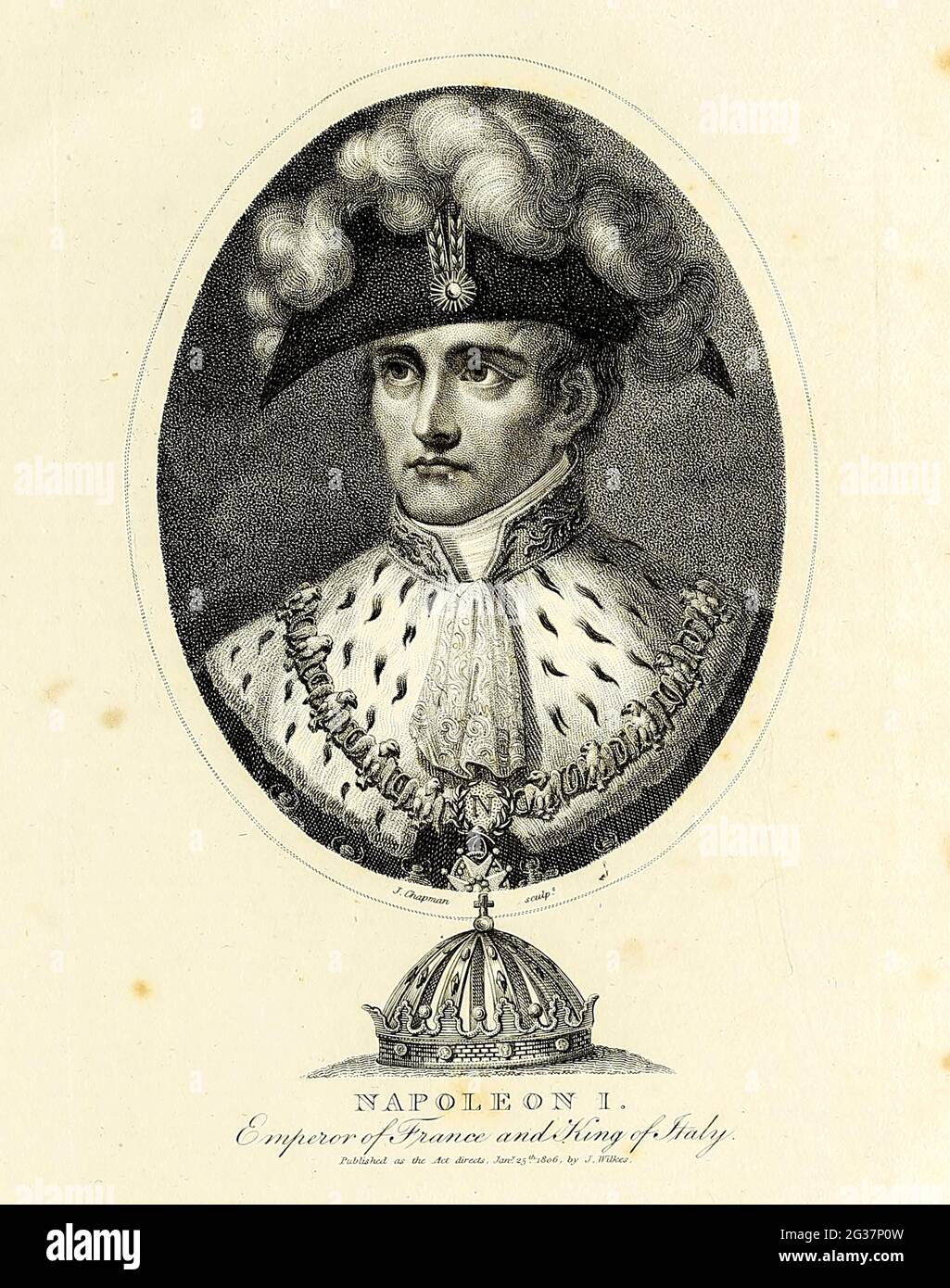 Napoleon I. Kaiser von Frankreich und König von Italien Napoléon Bonaparte (15. August 1769 – 5. Mai 1821), gewöhnlich nur als Napoleon bekannt, war ein französischer militärischer und politischer Führer, der während der Französischen Revolution zu Ansehen kam und mehrere erfolgreiche Kampagnen während der Revolutionskriege führte. Von 1799 bis 1804 war er als erster Konsul de facto Führer der Französischen Republik. Als Napoleon I. war er von 1804 bis 1814 und 1815 Kaiser der Franzosen. Napoleon dominierte die europäischen und globalen Angelegenheiten mehr als ein Jahrzehnt lang und führte Frankreich gegen eine Reihe von Koalitionen in der napoleonischen Zeit an Stockfoto