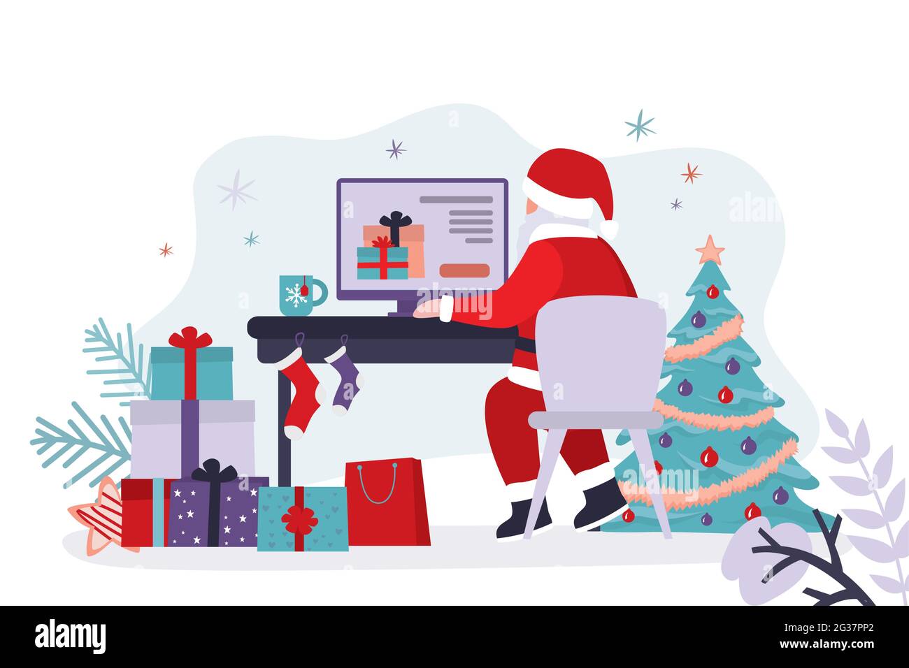 Großvater nimmt Bestellungen von Kindern für Geschenke online an. Vater Weihnachten mit Laptop prüft E-Mails. Der Weihnachtsmann sitzt am Schreibtisch und arbeitet. Santa cla Stock Vektor