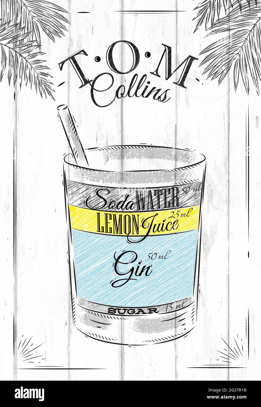 Tom Collins Cocktail im Vintage-Stil stilisiert auf Holzbrettern gemalt Stock Vektor