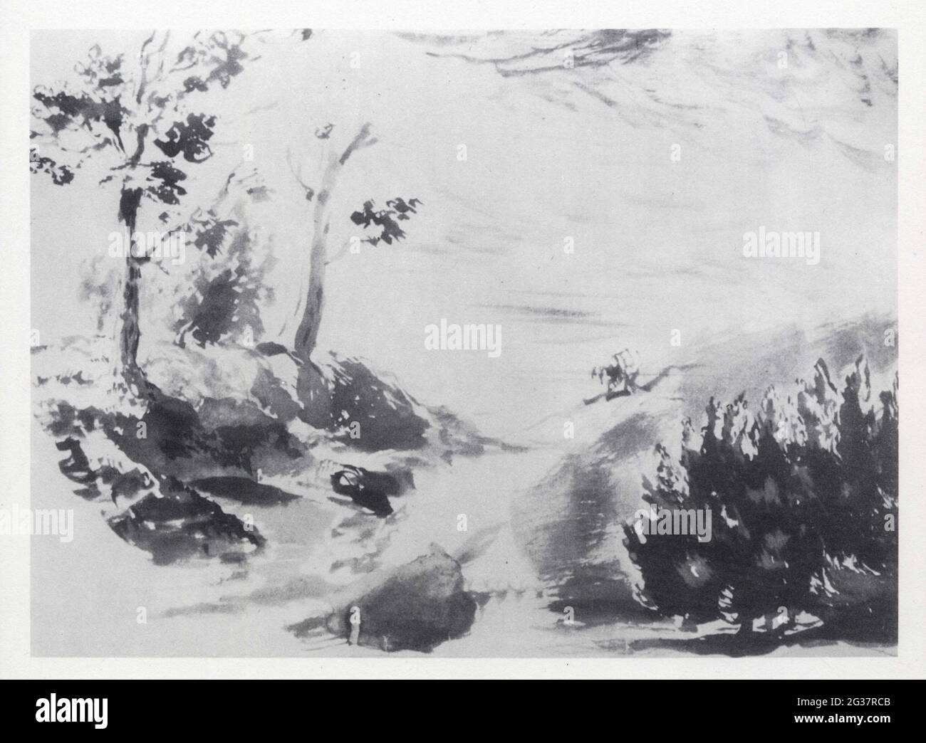 Eugène Delacroix. La Route sous un ciel nuageux. Pinceau et lavis à la sépia. Stockfoto