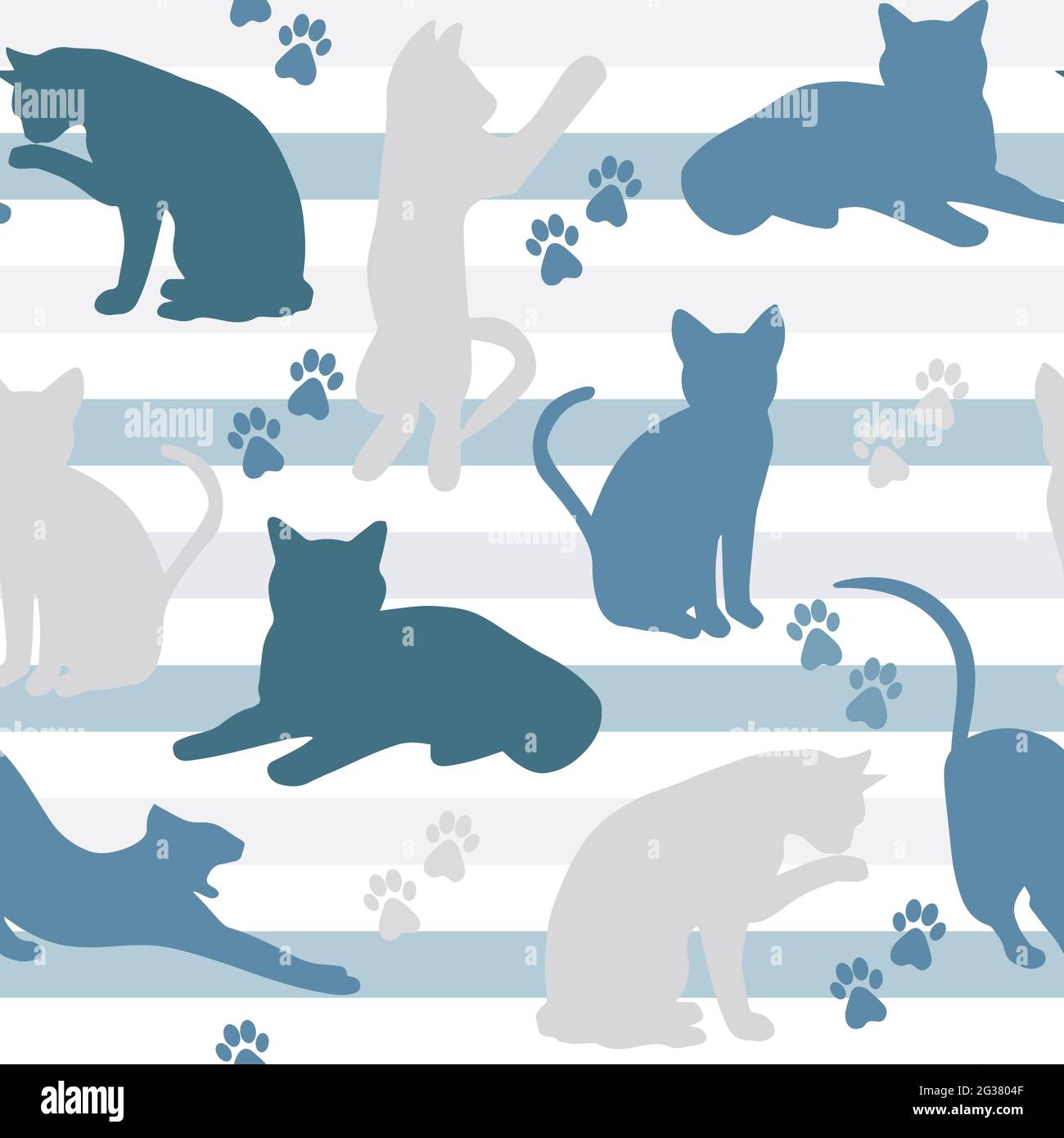 Nahtloses Muster mit Katzen, Vektor. Katzen in verschiedenen Posen, sich wiederholendes Muster. Silhouetten von Haustieren auf einem gestreiften Hintergrund. Stock Vektor
