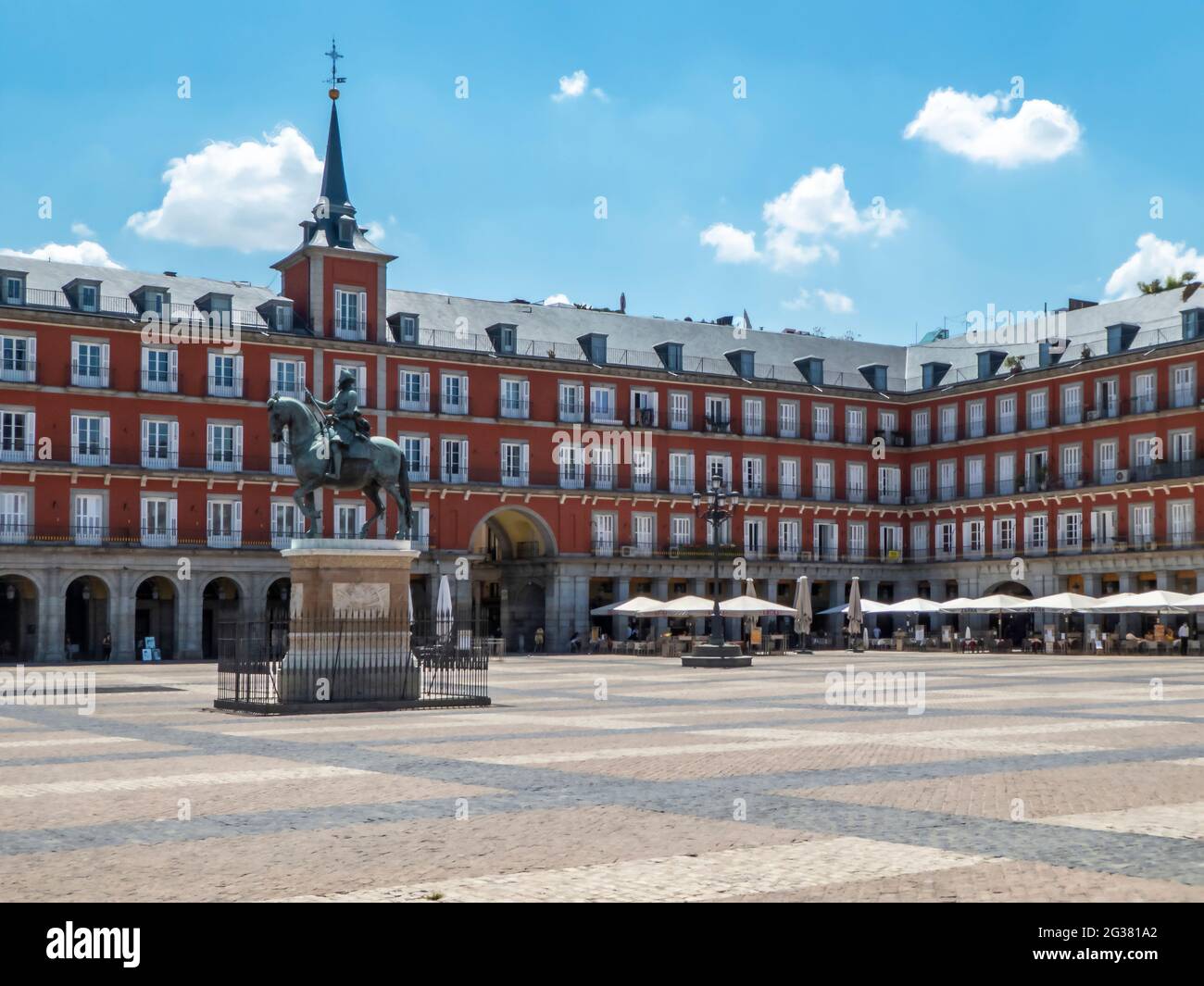 Madrid, Spanien; Juli 10 2020. Blick auf die Plaza Mayor in Madrid im Sommer. Fotografie aufgenommen am 10 2020. Juli in Madrid, Spanien. Stockfoto