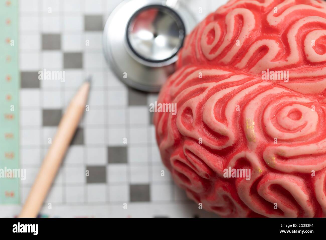 Alzheimer und Gehirntraining Konzept, Fit Brain, Stethoskop und Kreuzworträtsel Stockfoto