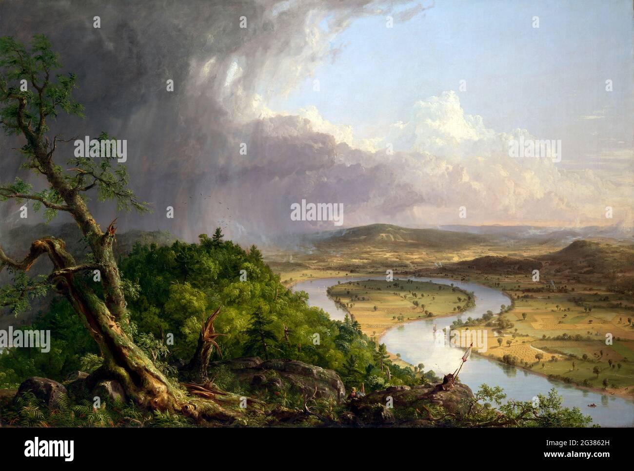 Blick vom Mount Holyoke, Northampton, Massachusetts, nach einem Gewitter - The Oxbow von Thomas Cole (1801-1848), Öl auf Leinwand, 1835 Stockfoto