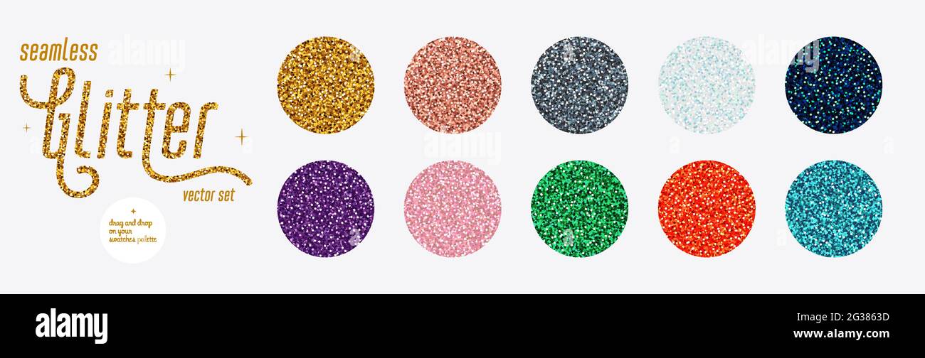 Glitter nahtlose Muster-Set, glänzend nahtlose bunte Hintergründe mit schimmernder Textur. Abstrakter Hintergrund für Urlaubsvektoren. Vektorgrafik. Stock Vektor