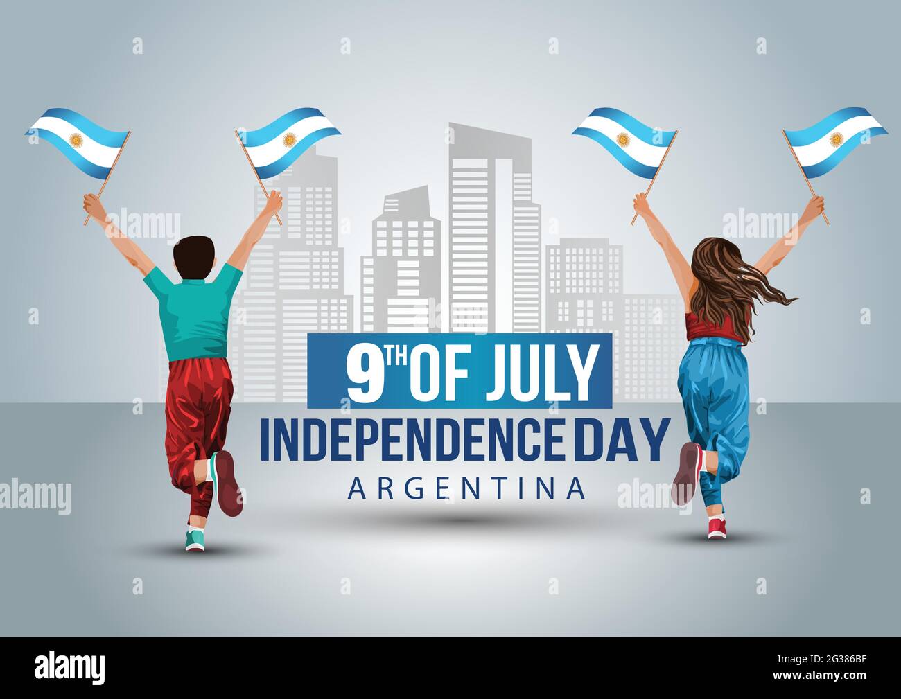 Happy Independence Day 9. Juli. Ein Junge und ein Mädchen laufen mit Argentinien Flagge. vektor-Illustration Design. Stock Vektor