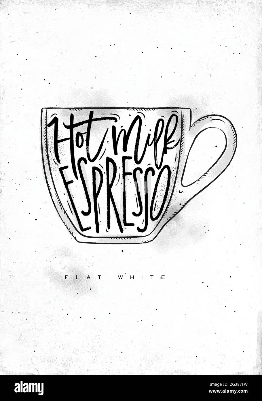 Flache weiße Schriftzüge mit heißer Milch, Espresso im Vintage-Grafikstil, Zeichnung auf schmutzigem Papierhintergrund Stock Vektor