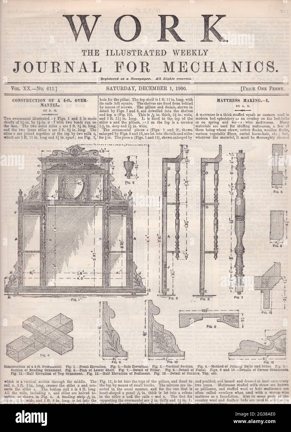 Arbeit The Illustrated Weekly Journal for Mechanics 1900 - Construction of a 4ft Overmantel. Stockfoto