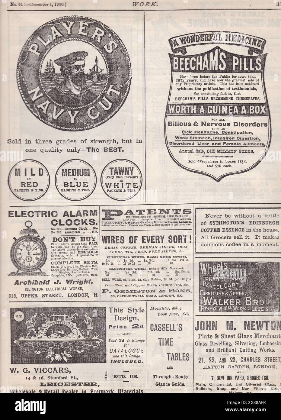 Vintage 1900 Zeitungsanzeigen für Player's Navy Cut / Beecham's Pills / Archibald J. Wright / Walker Bros / John M. Newton. Stockfoto