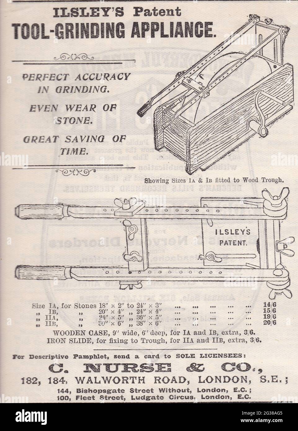 Vintage 1900 Zeitungsanzeige für C. Nurse & Co, Walworth Road, London - Ilsley's Patent Tool-Grinding Appliance. Stockfoto