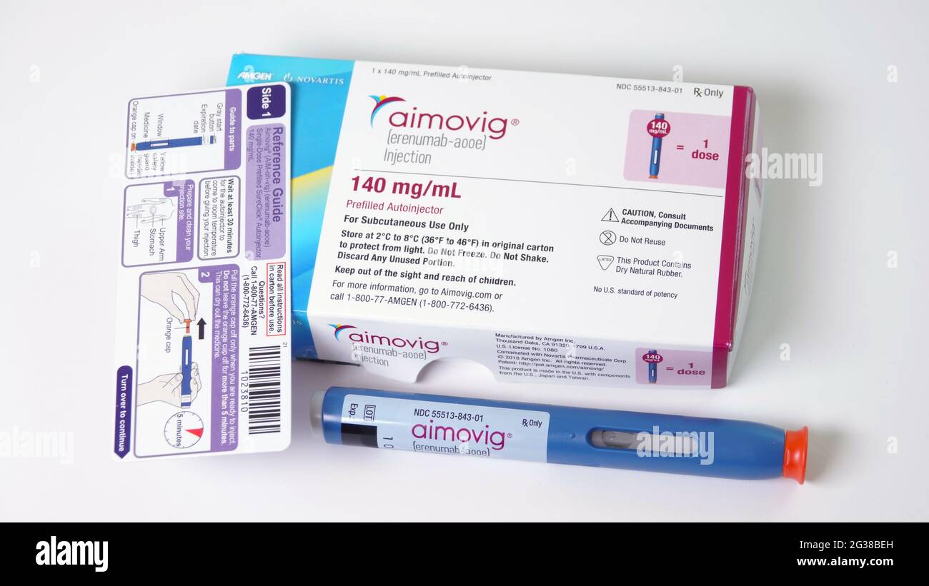 Aiovig, eines von vier neu von der FDA zugelassenen Migräne-Präventativen. Illustratives Editorial. Stockfoto