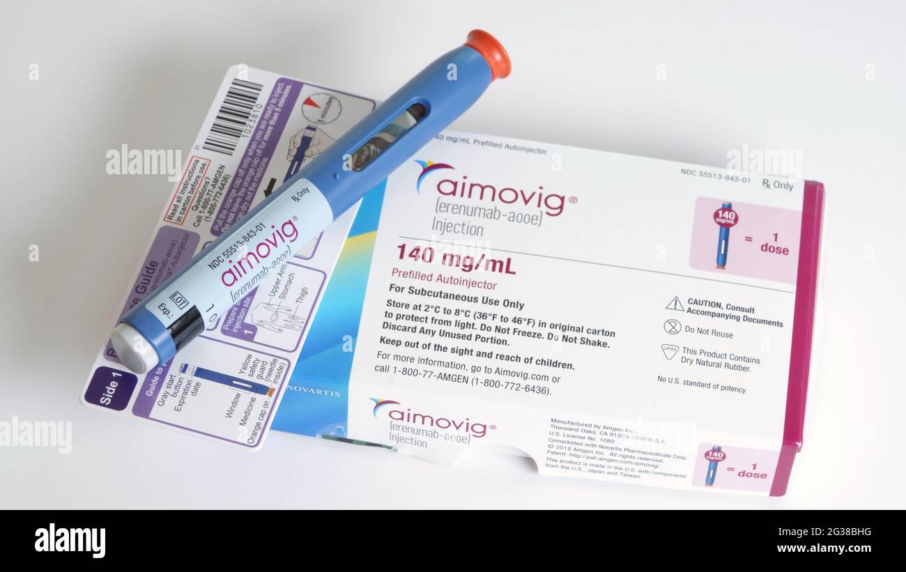 Aiovig, eines von vier neu von der FDA zugelassenen Migräne-Präventativen. Illustratives Editorial. Stockfoto