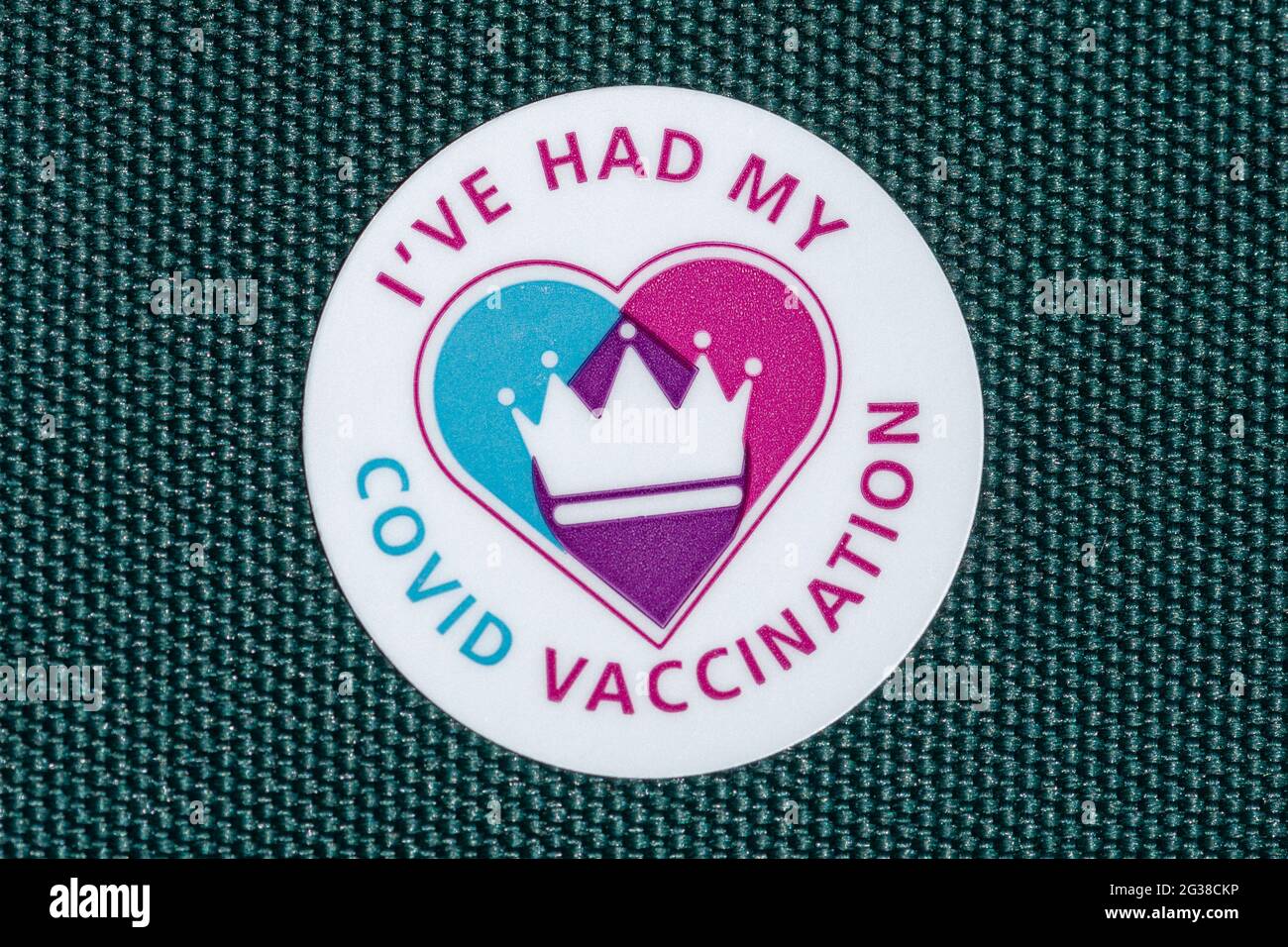 Ich habe meinen Impfstoffaufkleber, Großbritannien, 2021, mit Bezug auf den Coronavirus-Impfstoff Stockfoto