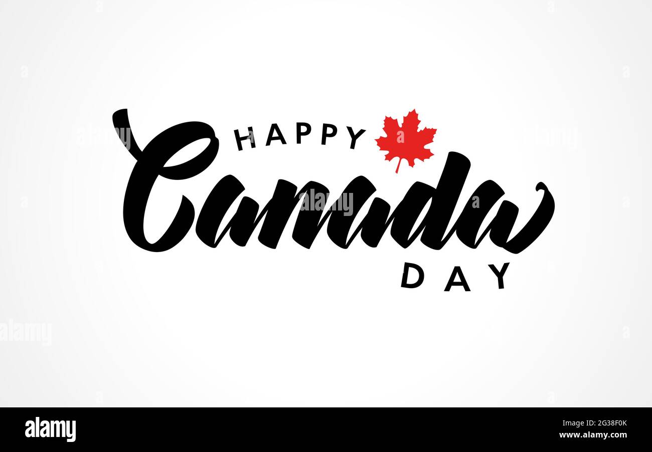 Happy Canada Day handgeschriebene Schriftzug Logo Vektor isoliert mit realistischen Ahornblatt. Typografie für Grußkarte, Dekoration und Bedeckung. Konzept Stock Vektor