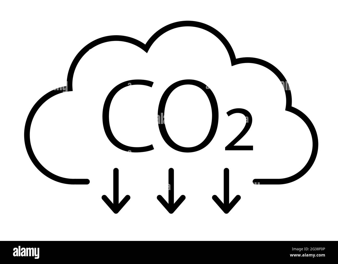 Wolken- und co2-Symbol mit Abwärtspfeilen für das Vektorsymbol der Treibhausgasminderungslinie Stock Vektor