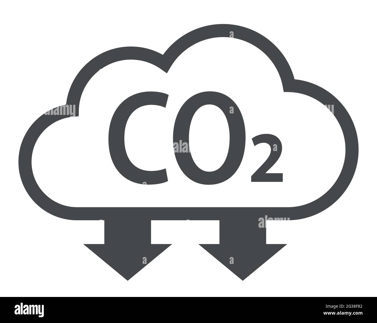 Wolken- und co2-Symbol mit Abwärtspfeilen für Vektorsymbol zur Reduzierung von Treibhausgasen Stock Vektor