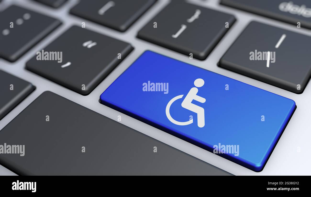 Website- und Internet-Online-Inhalte Zugänglichkeit und barrierefreies Computing- oder Technik-Konzept mit Rollstuhl-Symbol und Symbol auf einem blauen l Stockfoto