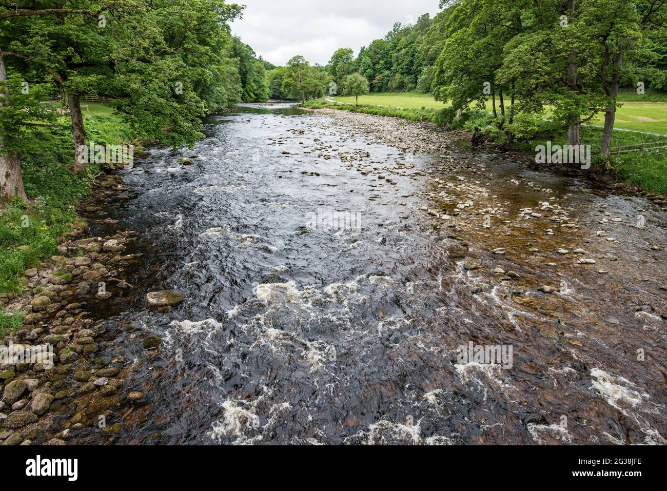 Der Fluss Wharfe in der Nähe des Cavendish Pavilion in der Bolton Abbey Stockfoto