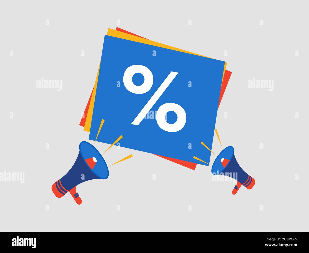 Design des Rabatts für den Verkauf. Illustration der dringenden Megaphone-Ankündigung. Designelement für Banner, Umschläge, Schnipsel, Druckkarten. Stockfoto