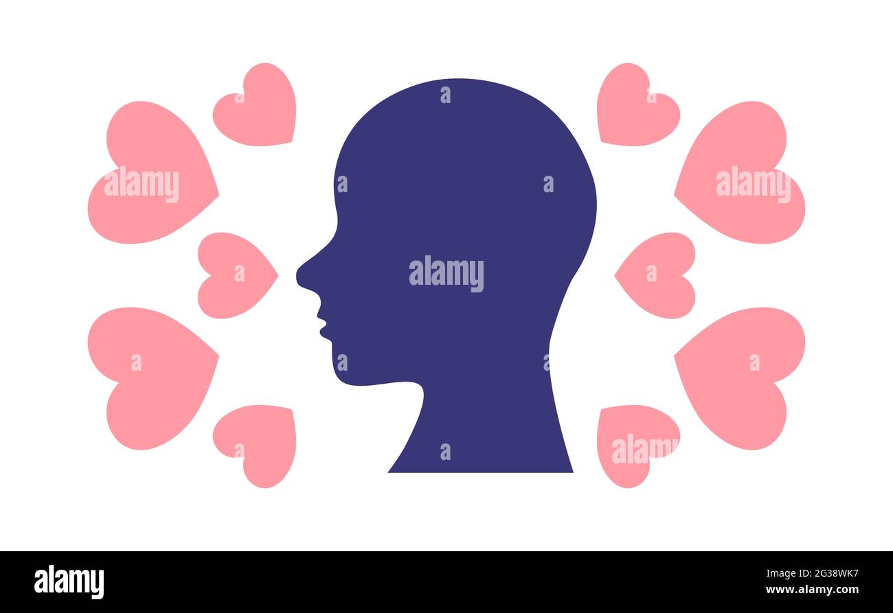 Umgeben von Liebe. Mensch mit vielen Herzen um ihn herum. Geliebt werden, akzeptiert fühlen, Fehler akzeptieren. Stockfoto
