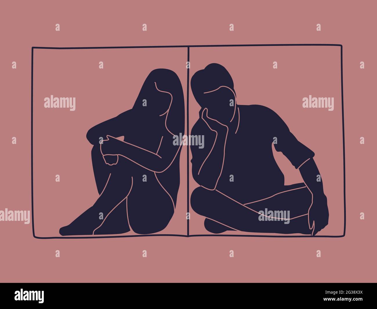 Illustration der Scheidung. Getrennt durch ein Paar an der Wand. Ein Mann und eine Frau haben sich isoliert getrennt. Vektor. Stock Vektor