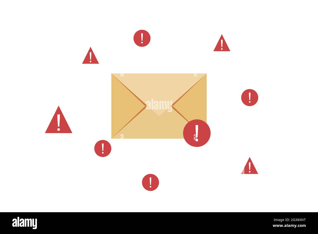 Illustration gefährlicher Meldungen. Empfangen von Spam-E-Mails. Konzept für unerwünschte E-Mails. Ein Umschlag, der von Warnschildern umgeben ist. Vektor. Stock Vektor