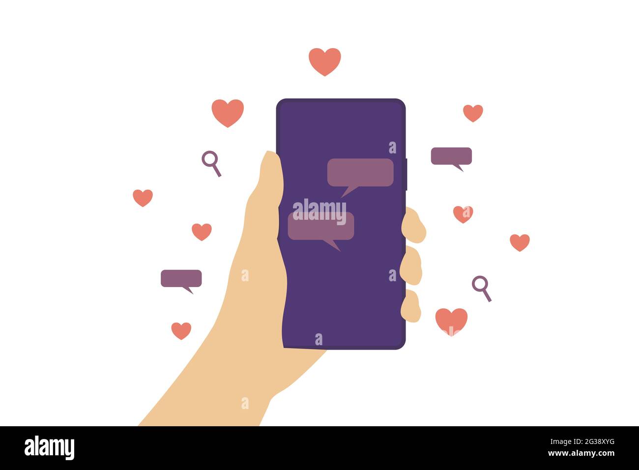 Online-Dating. Eine Person, die das Smartphone hält, während sie die Online-Dating-Anwendung verwendet, um zu einem Termin zu grüßen und mit anderen zu sprechen. Lieben Sie die Menschen nicht. Stock Vektor