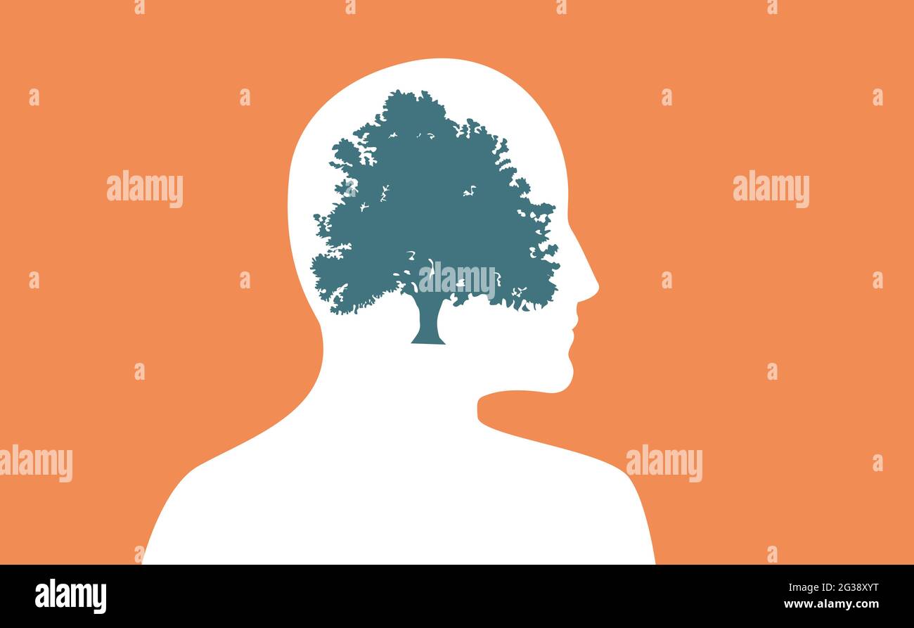 Menschliche Verbindung zur Natur. Ein Baum im Kopf eines Menschen. Unsere Beziehung zur natürlichen Umwelt. Logo des Umwelttages. Vektor. Stock Vektor