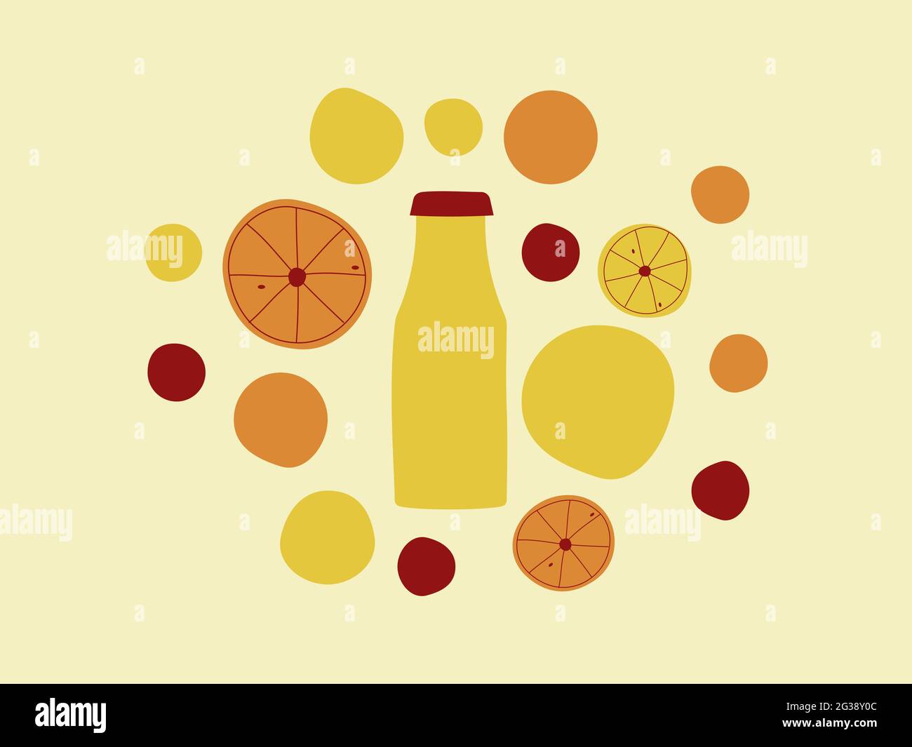 Farbenfrohe Zitrusfrüchte im Hintergrund. Flasche mit Zitrusfrüchten und Saft. Geometrische Formen, die Zitrone, Orange, Grapefruit, Clementine darstellen. Flaches Design. Stock Vektor