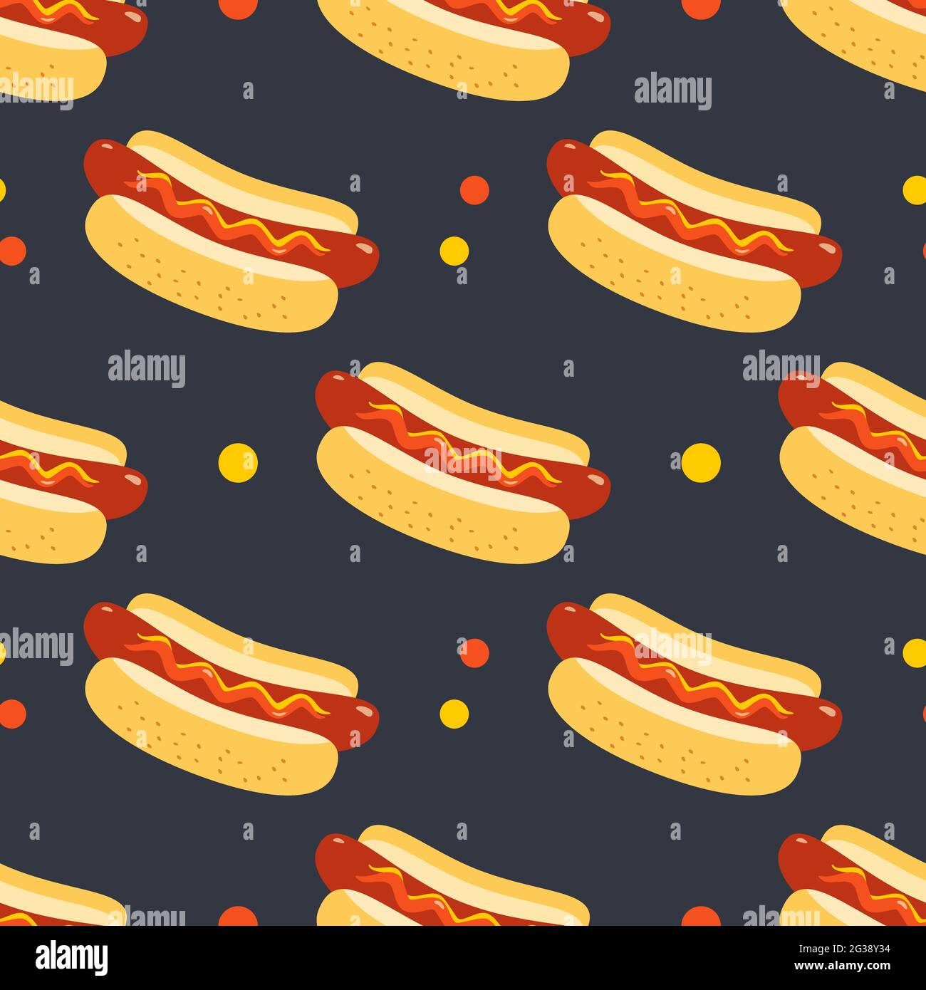 Hot Dog Zeichen Vektor nahtlose Muster Hintergrund. Gebratene Wurst in Brötchen, Senf, Ketchup Cartoon-Design-Element. Stock Vektor