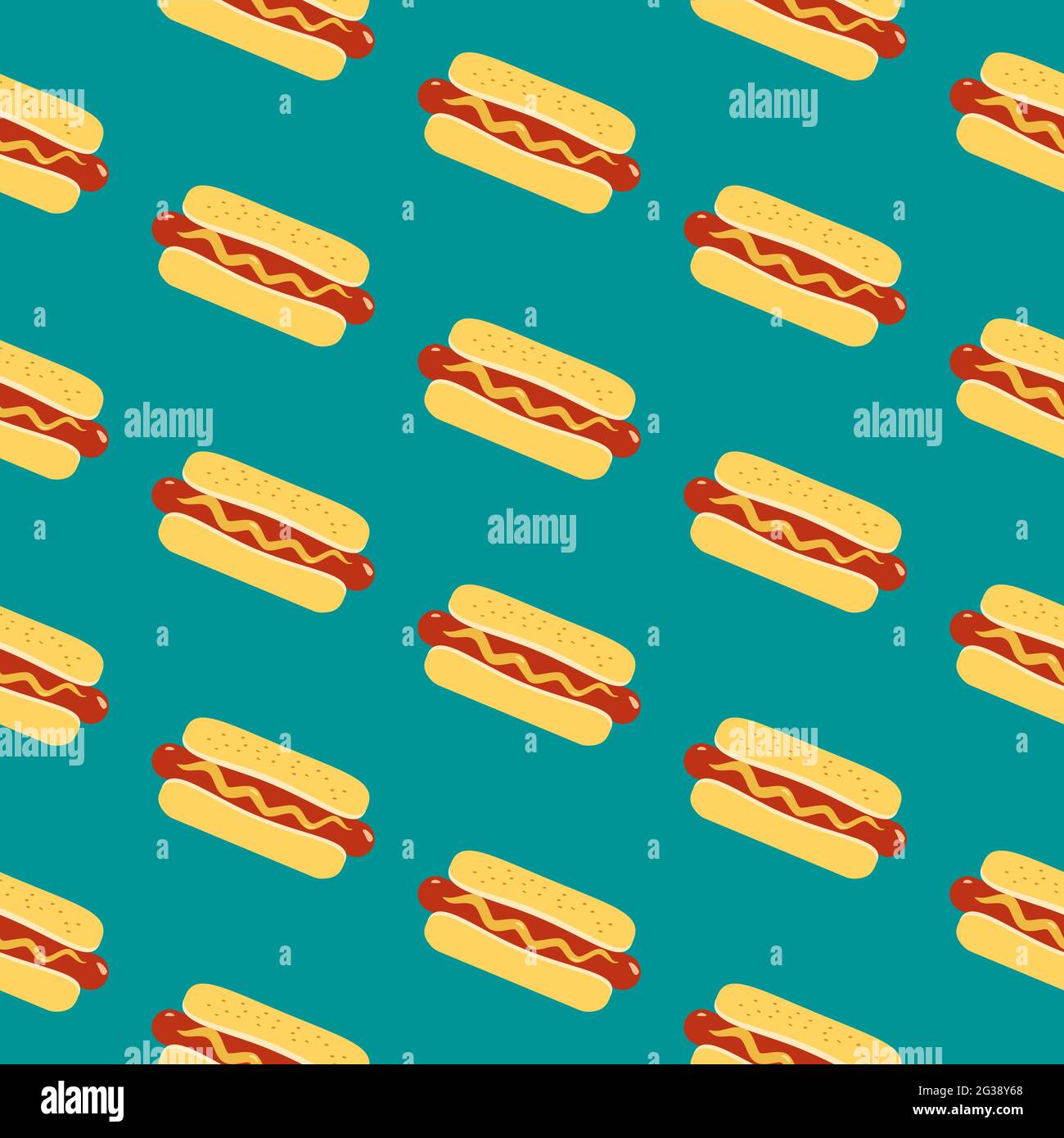 Hot Dog Zeichen Vektor nahtlose Muster Hintergrund. Gebratene Wurst in Brötchen, Senf Cartoon Design-Element Stock Vektor