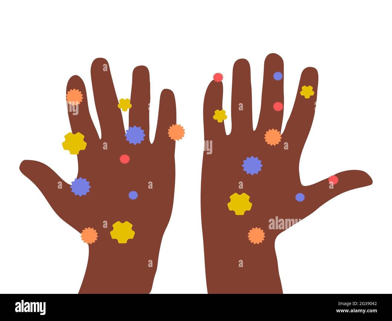 Abbildung: Schmutzige Hände. Hände Handflächen voll mit Bakterien und Viren. afroamerikanische Ethnie. Symbol für Hygienebewusstsein. Stockfoto